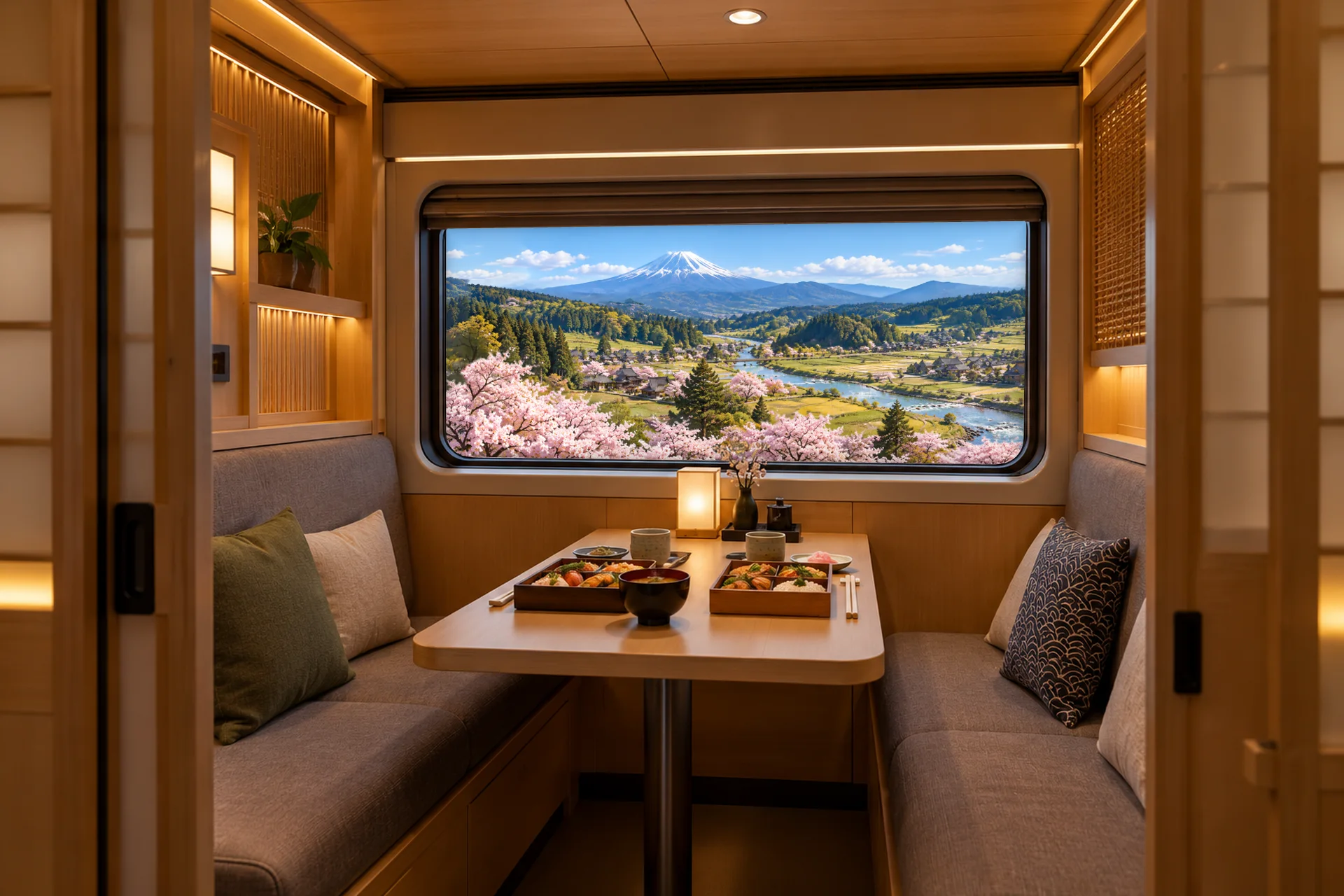 Concept design: a cozy wooden train cabin for four, with bento on the table and Mount Fuji outside the window